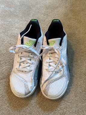 Jordan Kids White Sneakers with Neon Green Logo and Black Collar